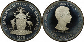Weltmünzen und Medaillen, Bahamas. Prinz Charles. 10 Dollars 1978. 45,36 g. 0.500 Silber. 0.73 OZ. KM 78.1. Polierle Platte