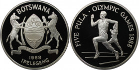 Weltmünzen und Medaillen, Botswana. XXIV. Olympische Sommerspiele, Seoul - Läufer. 5 Pula 1988. 28.28 g. 0.925 Silber. 0.84 OZ. KM 21. Polierte Platte...