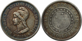 Weltmünzen und Medaillen, Brasilien / Brazil. 500 Reis 1889, Silber. KM 494. Stempelglanz