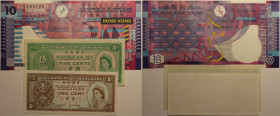 Banknoten, Hong Kong, Lots und Sammlungen. 1, 5 Cent 1961. 10 Dollars 2002. Lot von 3 Banknoten. I
