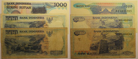Banknoten, Indonesien / Indonesia, Lots und Sammlungen. 1000 Rupiah 1987(I), 2x1000 Rupiah 1992(III). Lot von 3 Banknoten. I-III