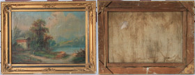 Kunst und Antiquitäten / Art and antiques. Ölgemälde. Bayerische Schule. Landschaft. Unten links ist ein Mädchen mit einem Rücken zu uns. Auf der rech...