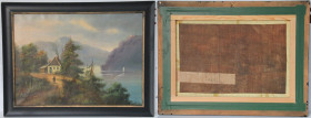 Kunst und Antiquitäten / Art and antiques. Ölgemälde. Bayerische Schule. Landschaft. Haus am See in den Bergen, Reisender, schwarzer Rahmen. Öl auf Le...