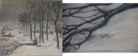 Kunst und Antiquitäten / Art and antiques. Gemälde. Winterlandschaft. Monogramm unten links und Datum 1935. Maße Gemälde: 105 x 95 cm. Holzfaserplatte...