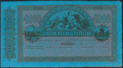 4000 Reales. 21 de Agosto de 1857. Banco de Bilbao. Serie A. Sin firmas y con numeración. (Edifil 2021: 148). SC-.