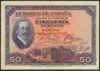 50 Pesetas. 17 de Mayo de 1927. Sin serie y sello de caucho REPUBLICA / ESPAÑOLA. (Edifil 2021: 332). MBC+.