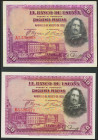 Conjunto de dos billetes de 50 Pesetas emitidos el 15 de Agosto de 1928, con las series A y B, respectivamente (Edifil 2021: 354). EBC+/EBC..