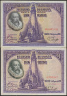 Conjunto de 2 billetes de 100 Pesetas emitidos el 15 de Agosto de 1928, sin serie y serie A, respectivamente. (Edifil 2021: 355, 355a), conservando pa...