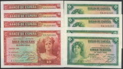 Conjunto de 4 series completas de los billetes correlativos de 5 Pesetas y 10 Pesetas emitidos en 1935, con las series C y A, respectivamente. (Edifil...