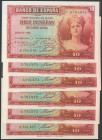10 Pesetas. 1935. 6 billetes correlativos. Sin serie. (Edifil 2017: 364). SC/SC-.