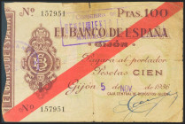 100 Pesetas. 5 de Noviembre de 1936. Sucursal de Gijón. (Edifil 2021: 384). MBC-.