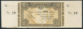 10 Pesetas. 1 de Enero de 1937. Sucursal de Bilbao, antefirma Banco de Bilbao. Sin serie y sin numeración, con ambas matrices. (Edifil 2017: 387a). EB...