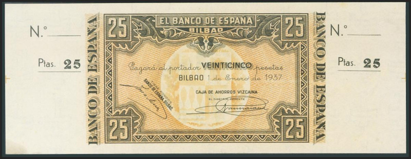 25 Pesetas. 1 de Enero de 1937. Sucursal de Bilbao, antefirma Caja de Ahorros Vi...