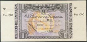 1000 Pesetas. 1 de Enero de 1937. Sucursal de Bilbao, antefirma Banco del Comercio. Sin serie y sin numeración, con ambas matrices. (Edifil 2017: NE27...