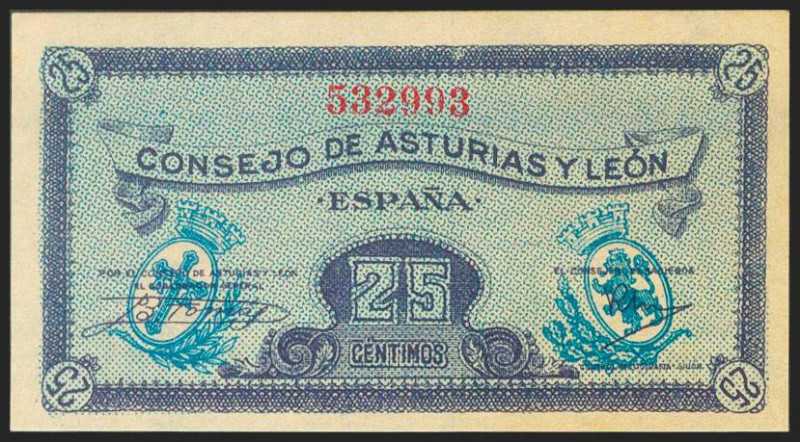 1937. 25 Céntimos. Asturias y León. Sin serie. (Edifil 2021: 394). Apresto origi...