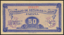 ASTURIAS Y LEON. 50 Céntimos. 1937. Sin serie. (Edifil 2021: 396). Conserva gran parte del apresto original. EBC+.