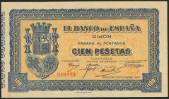 100 Pesetas. Septiembre 1937. Sucursal de Gijón. Sin serie. (Edifil 2021: 399). Apresto original, tonalizado. SC-.