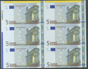 Bloque-Plancha sin guillotinar de 6 billetes de 5 Euros emitidos el 1 de Enero de 2002, procedente de las hojas completas sin guillotinar que vendió e...