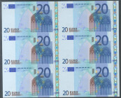 Bloque-Plancha sin guillotinar de 6 billetes de 20 Euros emitidos el 1 de Enero de 2002, procedente de las hojas completas sin guillotinar que vendió ...