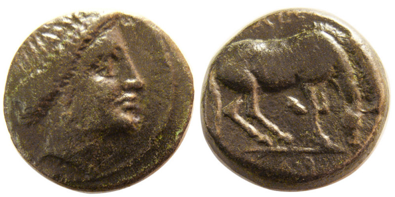 THESSALY, Larissa. 400-344 BC. Æ (4.06 gm; 16 mm). Obv: Head of nymph Larissa ri...