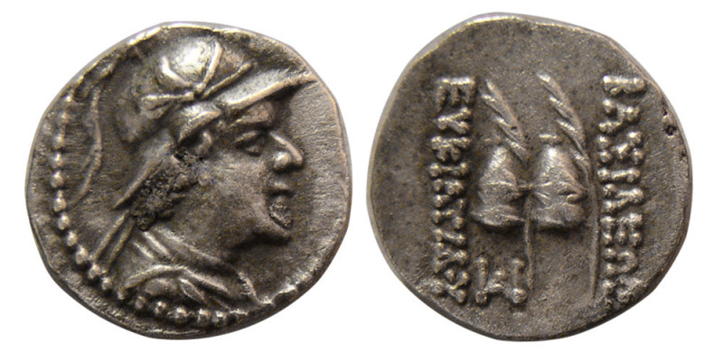 BACTRIAN KINGDOM. Eukratides I. 171-145 BC. AR Obol (0.64 gm; 10 mm). Diademed a...