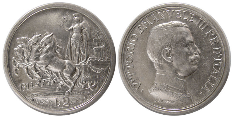 ITALY, Vittorio Emanuele III. 1914. Silver Two (2) Lire (10.02 gm; 27 mm). KM-55...