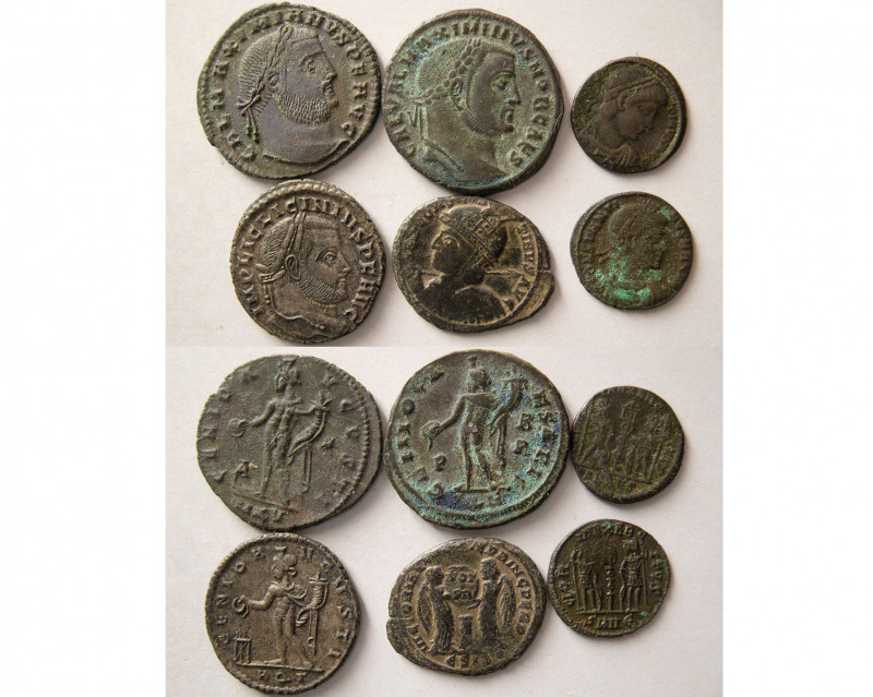 Group Lot of 6 Roman Bronze Coins of Galerius(26 mm), Maximianus II (24mm), Cons...
