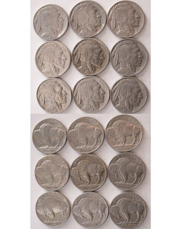 UNITED STATES. Group lot of 9 Indian Buffalos (5 Cents). Average grade EF with f...