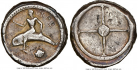 CALABRIA. Tarentum. Ca. 480-450 BC. AR didrachm (17mm, 7.58 gm). NGC VF 5/5 - 3/5. TARA, Taras astride dolphin left, right hand outstretched; scallop ...