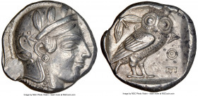 ATTICA. Athens. Ca. 455-440 BC. AR tetradrachm (23mm, 17.17 gm, 7h). NGC AU 4/5 - 4/5. Early transitional issue. Head of Athena right, wearing crested...