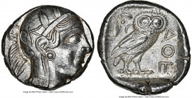 ATTICA. Athens. Ca. 440-404 BC. AR tetradrachm (24mm, 17.17 gm, 10h). NGC AU 4/5 - 4/5. Mid-mass coinage issue. Head of Athena right, wearing earring,...