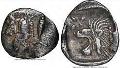 MYSIA. Cyzicus. Ca. 5th century BC. AR hemiobol(?) (9mm, 0.27 gm, 9h). NGC Choice XF 5/5 - 4/5. Forepart of boar left, tunny upward behind / Head of l...