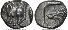 MYSIA. Cyzicus. Ca. 5th century BC. AR hemiobol(?) (7mm, 12h). NGC XF. Forepart of boar left with pelleted truncation; tunny fish upward behind / Head...