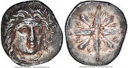 CARIAN SATRAPS. Pixodarus (ca. 341-336/5 BC). AR trihemiobol (10mm, 6h). NGC Choice XF. Rhodian standard. Laureate bust of Apollo facing, turned sligh...