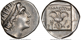 CARIAN ISLANDS. Rhodes. Ca. 88-84 BC. AR drachm (14mm, 11h). NGC Choice AU. Plinthophoric standard, Callixei(nos), magistrate. Radiate head of Helios ...