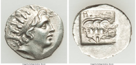 CARIAN ISLANDS. Rhodes. Ca. 88-84 BC. AR drachm (16mm, 2.30 gm, 11h). Choice XF. Plinthophoric standard, Maes, magistrate. Radiate head of Helios righ...