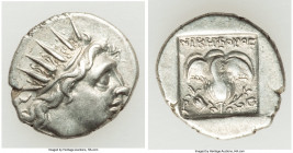 CARIAN ISLANDS. Rhodes. Ca. 88-84 BC. AR drachm (15mm, 2.44 gm, 11h). Choice XF. Plinthophoric standard, Nicephorus, magistrate. Radiate head of Helio...