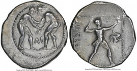 PAMPHYLIA. Aspendus. Ca. 380-325 BC. AR stater (23mm, 1h). NGC VF, brushed. Two wrestlers grappling; AΣ between / Slinger standing right, placing bull...