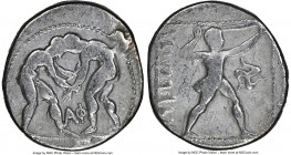 PAMPHYLIA. Aspendus. Ca. 380-325 BC. AR stater (22mm, 1h). NGC Fine. Two wrestlers grappling; AΦ between / Slinger standing right, placing bullet in s...