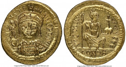 Justin II (AD 565-578). AV solidus (20mm, 4.41 gm, 5h). NGC MS 5/5 - 3/5, brushed. Thessalonica. D N I-VSTI-NVS PP AVG, cuirassed bust of Justin II fa...