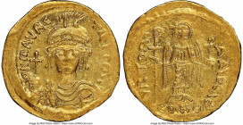 Maurice Tiberius (AD 582-602). AV solidus (20mm, 6h). NGC AU, edge bend, clipped, brushed. Constantinople, 10th officina. o N mAVRC-TIb PP AVG, draped...