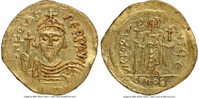 Phocas (AD 602-610). AV solidus (21mm, 4.32 gm, 6h). NGC Choice AU 4/5 - 3/5, edge bend, clipped. Constantinople, 5th officina, AD 607-609. d N N FOCA...