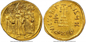 Heraclius (AD 610-641), with Heraclius Constantine and Heraclonas. AV solidus (19mm, 4.47 gm, 6h). NGC MS 5/5 - 4/5. Constantinople, 8th officina, ca....