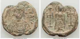 Heraclius (AD 610-641). Lead seal (26mm, 18.15 gm, 12h). VF. AD 610-613. d N hЄRACLI-ЧS PP AVG, bust of Heraclius facing, wearing short, round beard, ...
