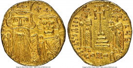 Constans II Pogonatus (AD 641-668), with Constantine IV, Heraclius and Tiberius. AV solidus (19mm, 4.37 gm, 7h). NGC AU 4/5 - 2/5, graffiti, clipped. ...