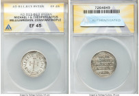 Michael I Rhangabe (AD 811-813), with Theophylactus. AR miliaresion (23mm, 1h). ANACS XF 45. Constantinople. IhSЧS XRIS-TЧS hICA, cross potent set on ...