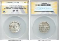 Leo V the Armenian and Constantine (AD 813-820). AR miliaresion (22mm, 12h). ANACS XF 45. Constantinople. IhSЧS XRISTЧS nICA, cross potent set on thre...