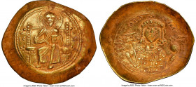 Michael VII Ducas (AD 1071-1078). AV/EL histamenon nomisma scyphate (28mm, 6h). NGC AU. Constantinople. Christ seated facing on straight-backed throne...
