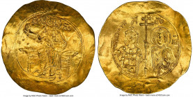 John II Comnenus (AD 1118-1143). AV hyperpyron (32mm, 6h). NGC AU, bent, scratches, graffito. Constantinople, AD 1118-1122. IC-XC (barred), Christ sea...