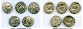 ANCIENT LOTS. Greek. Carian Islands. Rhodes. Ca. 88-84 BC. Lot of five (5) AR drachms. VF-Choice VF. Includes: (5) Plinthophoric standard, AR drachms....